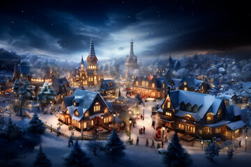 Snowy fairytale Christmas town, vintage illustration.