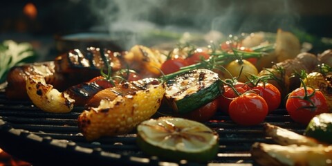 A detailed close-up of a grill with assorted fresh vegetables cooking on it. Perfect for food-related projects and healthy eating concepts