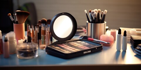 A table with makeup brushes and a mirror, perfect for beauty and cosmetic themed designs