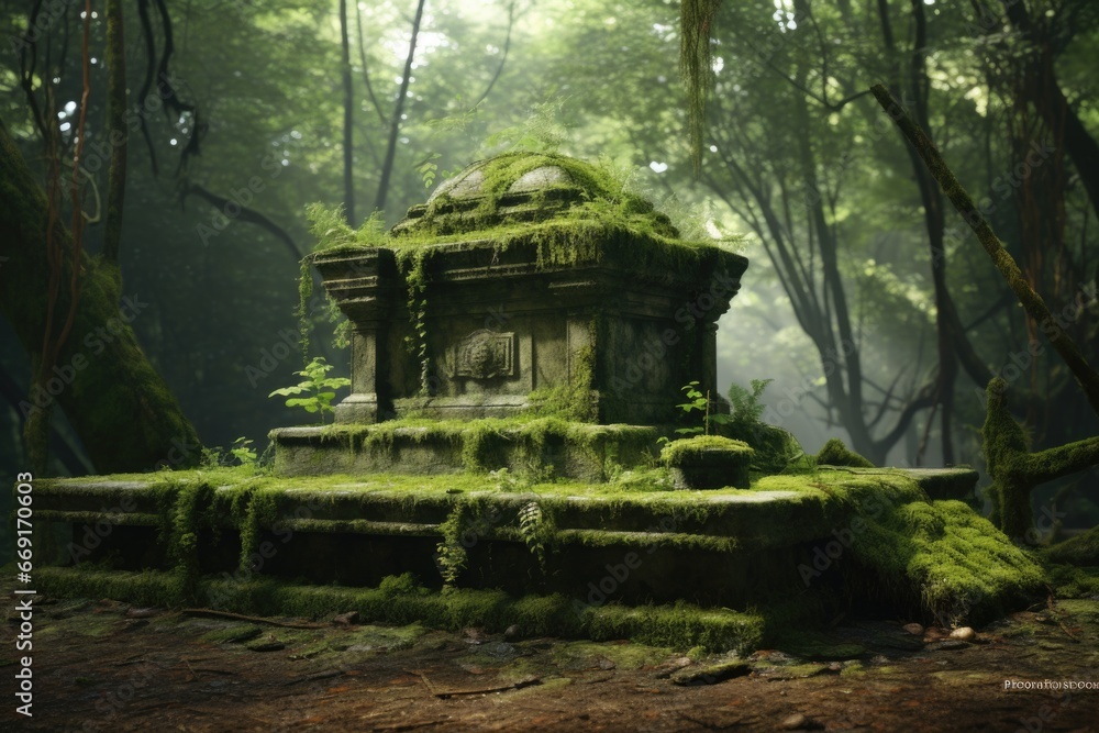 Poster a moss covered stone structure nestled in the middle of a serene forest. perfect for nature-themed d