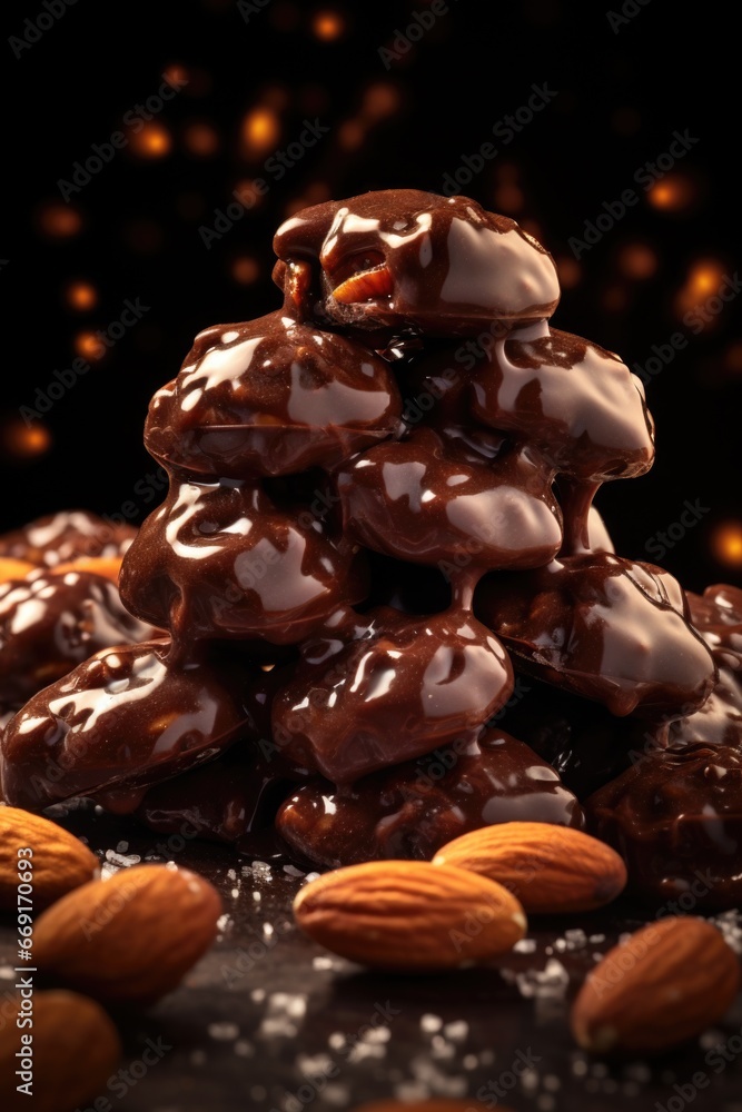 Poster A pile of chocolate covered almonds displayed on a table. Perfect for adding a touch of sweetness to any occasion