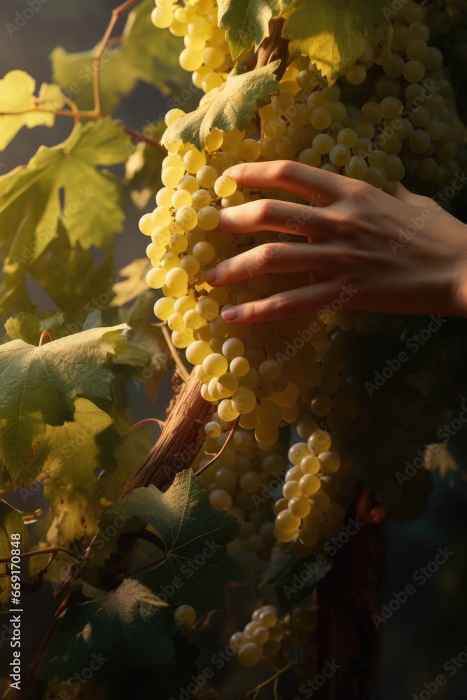 Poster A person picking a bunch of grapes from a vine. This image can be used to showcase the process of grape harvesting or in articles related to wine production