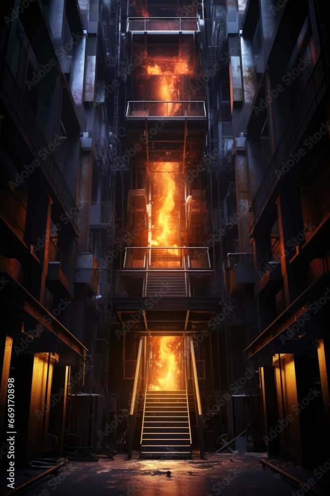Poster a picture of a building engulfed in flames, with fire billowing out of the windows. this image can b