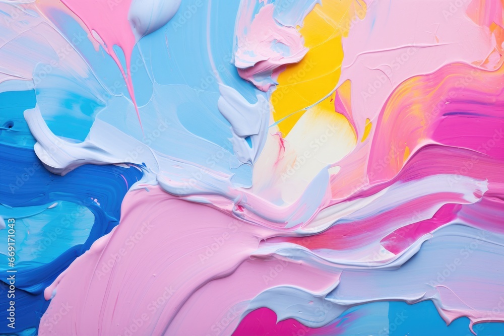 Poster A close up view of a vibrant painting with a variety of different colors. This image can be used to add a pop of color to any design or to represent creativity and artistic expression