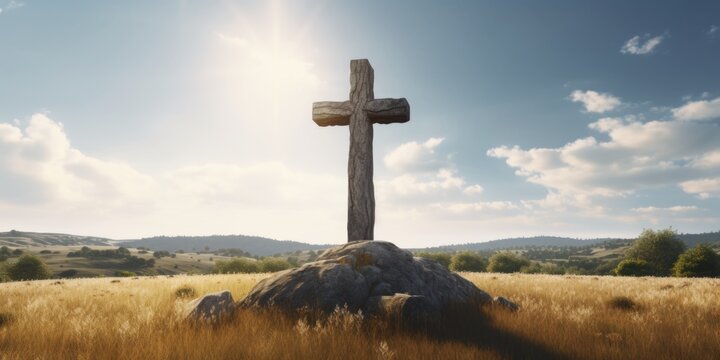 A cross standing on a rock in the middle of a field. This image can be used to symbolize faith, spirituality, or a place of reflection