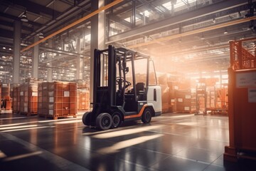 A picture of a forklift in a warehouse with pallets in the background. Perfect for illustrating warehouse operations and logistics - obrazy, fototapety, plakaty