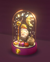 Snow globe in Sinterklaas theme, children's party, typical Dutch tradition on December 5. children's party theme background, 3d render illustration