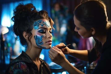 A woman sits as a makeup artist applies makeup to her face. This image is perfect for beauty and fashion-related projects
