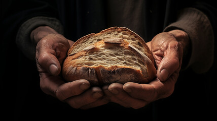 Bread in the overworked hands of an old man. Helping a poor person. Close-up. Copy space. - obrazy, fototapety, plakaty