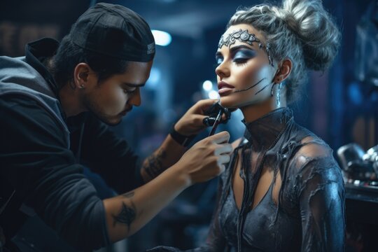A man and a woman are shown in the process of getting their makeup done. This image can be used to illustrate the preparation for a special event or a professional makeup session