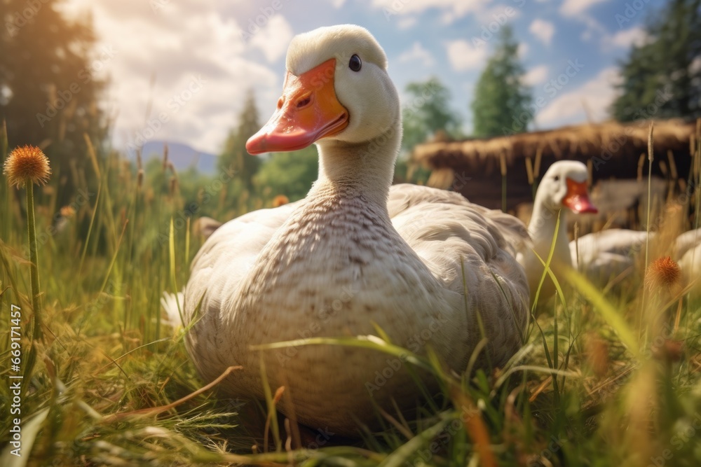 Poster a duck sitting in the grass with other ducks in the background. this image can be used to depict a p