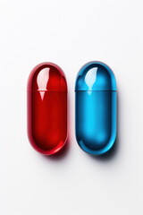 Close up of Red and Blue pills isolated on white background. Choice concept.