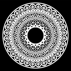  Round white mandala on black background.
Vector illustration.