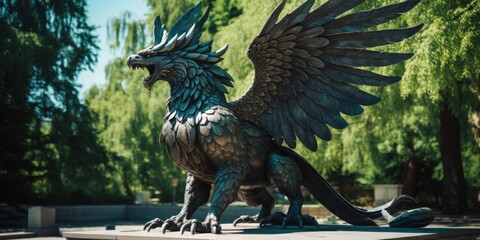 A statue of a bird perched on a pedestal in a peaceful park. This picture can be used to depict nature, wildlife, or park scenery.
