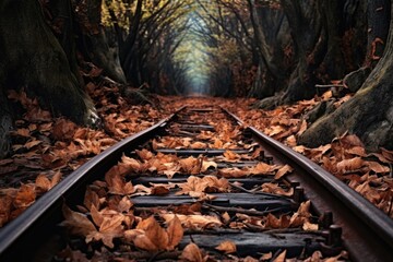 Obraz premium A picturesque train track nestled amidst a lush green landscape, adorned with vibrant leaves and towering trees. Perfect for nature enthusiasts and travel-related designs