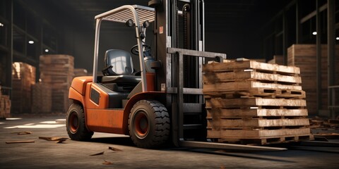 A forklift truck is parked in a warehouse. This image can be used to showcase industrial operations or logistics in a warehouse setting