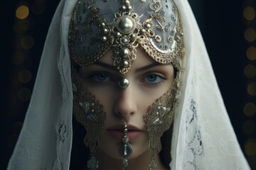 A woman is pictured wearing a veil and a headpiece. This image can be used to depict elegance, fashion, and cultural traditions