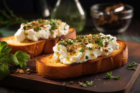 A delicious combination of two pieces of bread topped with cheese and herbs. Perfect for a quick and tasty snack or appetizer