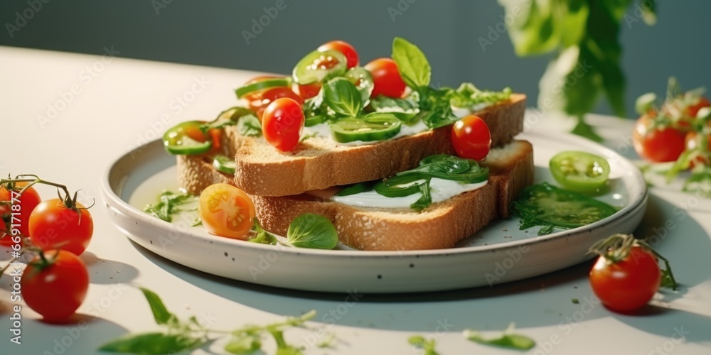 Poster a white plate topped with slices of bread and fresh tomatoes. this versatile image can be used to sh