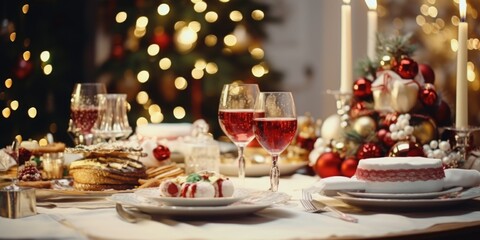 A beautifully set table for a holiday dinner with a festive Christmas tree in the background. Perfect for showcasing a festive holiday gathering or for promoting holiday decorations and tableware