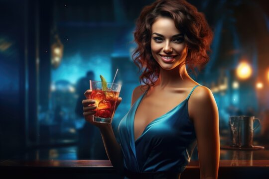 A woman dressed in a blue dress holding a drink. This image can be used for various occasions and themes