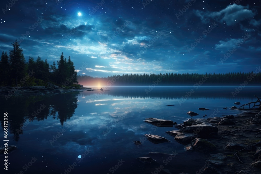 Poster a serene night scene featuring a peaceful lake illuminated by the light of a full moon. this image c