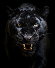 A snarling young black panther bared his fangs and looks into the camera without blinking. A strong and dangerous predator on a black background. Close-up.