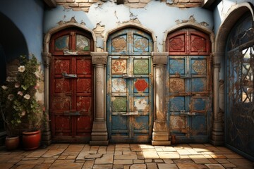  trio of weathered vintage doors, each with a unique colorful patchwork design, set against the...