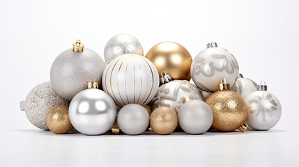 Silver and gold christmas decorations on a white background