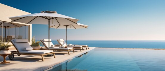 Opulent Poolside with Loungers Overlooking the Sea. Generative ai
