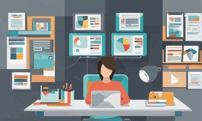 business office worker, work and business, vector illustration business office worker, work and business, vector illustration online conference call center, business meeting, conference and online lea - obrazy, fototapety, plakaty