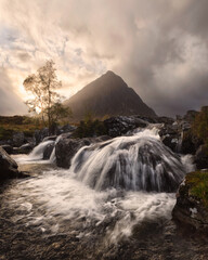 Glencoe valley and waterfall, highland, scotland - obrazy, fototapety, plakaty