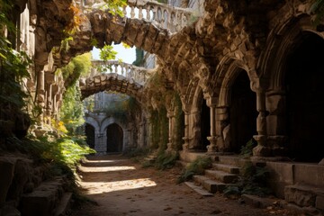old abandoned stone building with ivy and vegetation
