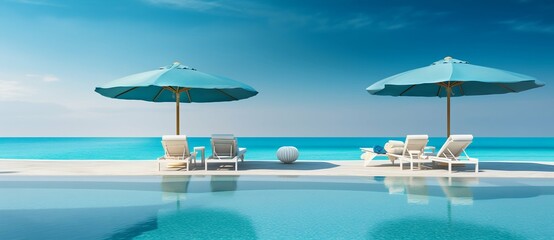 Fototapeta premium Opulent Poolside with Loungers Overlooking the Sea. Generative ai