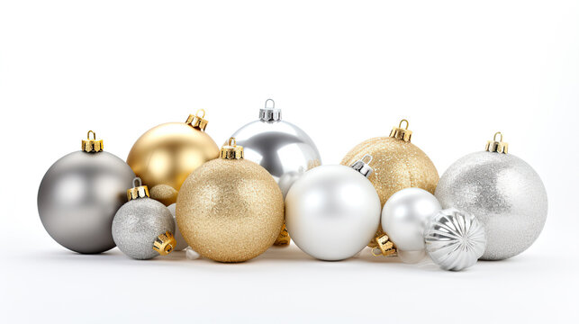 Silver and gold christmas decorations on a white background