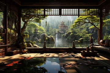asian zen construction in a forest - obrazy, fototapety, plakaty