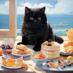 Watercolor painted of a black cat with dessert, cake and fruits on the table with the view of sea background.