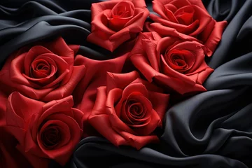 Zelfklevend Fotobehang red rose on a bed with black silk sheets © jechm