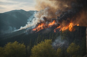 Fototapeta premium Forest fire in the mountains at sunset. The concept of natural disaster
