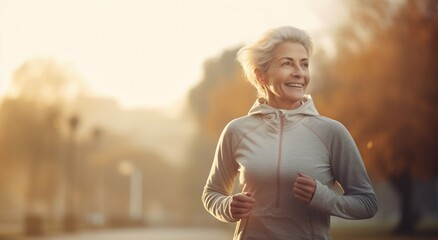 Morning Stride: Senior Woman Champions Healthy Living in Park. Generative ai