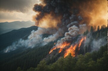 Forest fire in the mountains at sunset. The concept of natural disaster