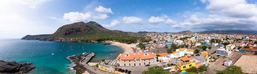 Naklejka na ściany i meble Aerial view of Tarrafal beach in Santiago island in Cape Verde - Cabo Verde