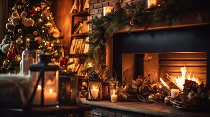 Cozy living room. Christmas and New Year holidays background. Christmas tree, candles, bokeh lights and fireplace.