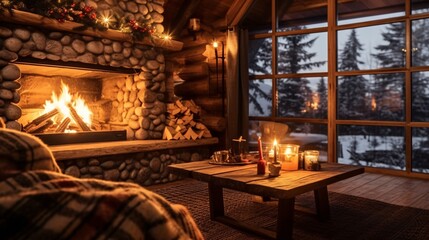 Cozy living room. Christmas and New Year holidays background. Christmas tree, candles, bokeh lights and fireplace.