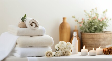 Fototapeta na wymiar Serene Spa Ambiance: Towels and Herbal Treatments in White Space. Generative ai