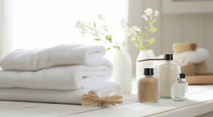 Serene Spa Ambiance: Towels and Herbal Treatments in White Space. Generative ai