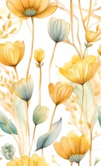 Luxury art background with flowers in golden line style with watercolor texture. Hand drawn botanical banner for wallpaper design, decor, print, packaging, interior, Generative AI
