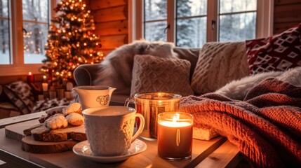 Fototapeta premium Cozy living room with candles, fireplace and christmas decorations. Vintage style. Interior of a cozy living room with a fireplace, a Christmas tree and gifts.
