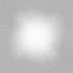Radial halftone dots background. Spotted and dotted stains gradient background. Concentric comic texture with fading effect. Grunge monochrome geometric backdrop. Vector illustration. 