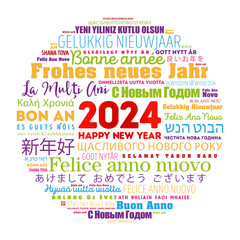 Fototapeta premium 2024 Happy New Year in different languages, celebration word cloud greeting card